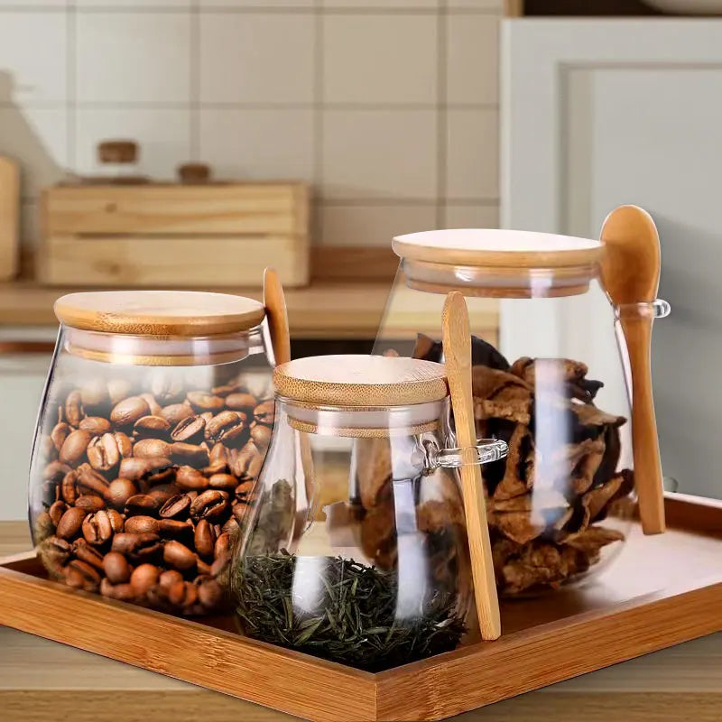 Bamboo-Lid Glass Jar with Built-In Scoop – Elegant Kitchen Storage