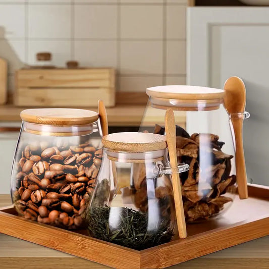 Bamboo-Lid Glass Jar with Built-In Scoop – Elegant Kitchen Storage