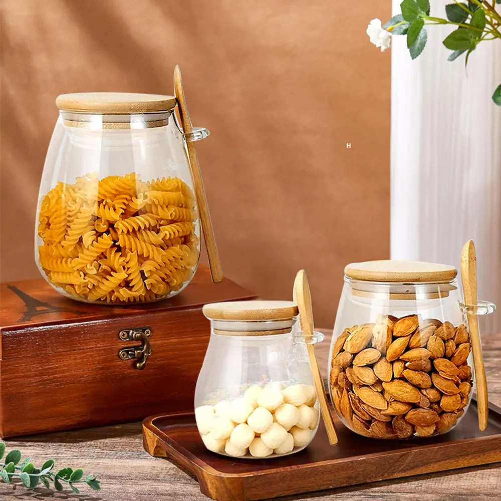 Bamboo-Lid Glass Jar with Built-In Scoop – Elegant Kitchen Storage